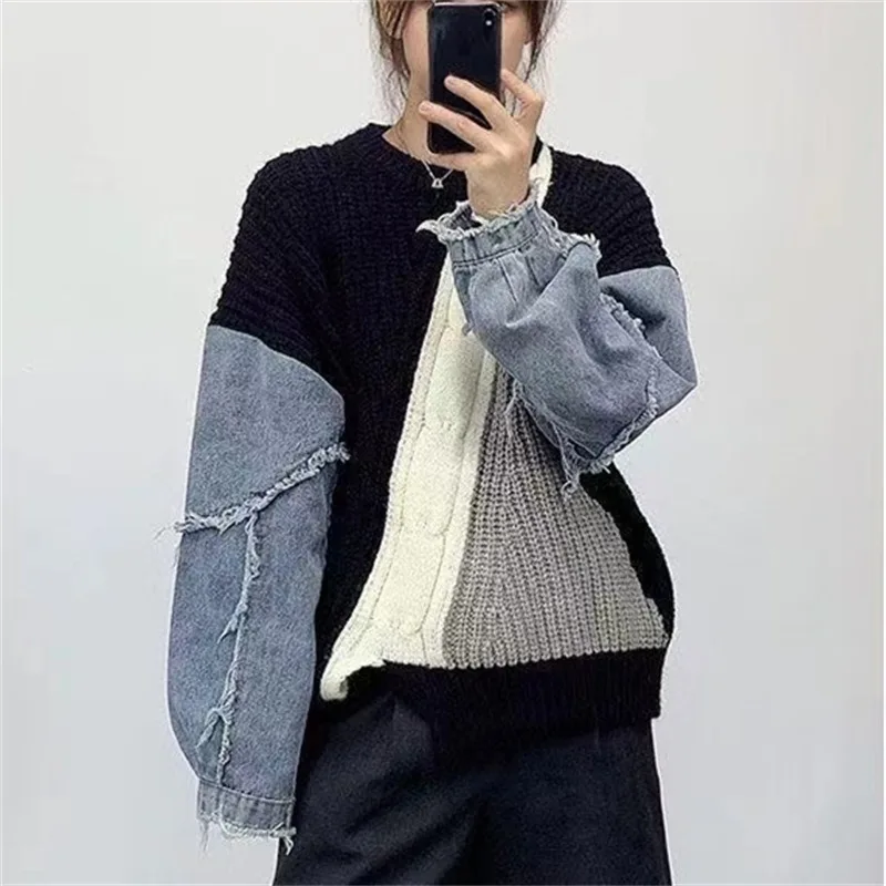 Denim Patchwork Knitted Pullovers Women Color Block O-Neck Sweater Pullovers Female Long Sleeved Loose Pullovers Autumn Winter