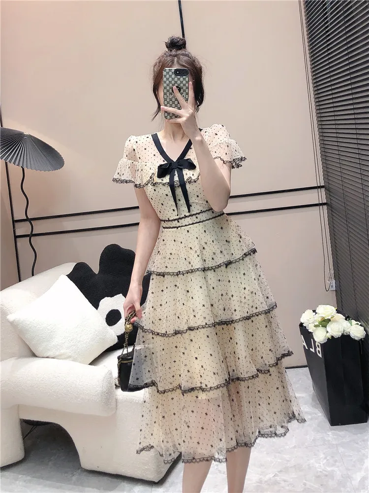 New Arrival Women\'s Summer Dress Sweet Bowknot Slim Mid-length Vestidos De Mujer Flocking Dot Printing Layer Ruffle Party Dress