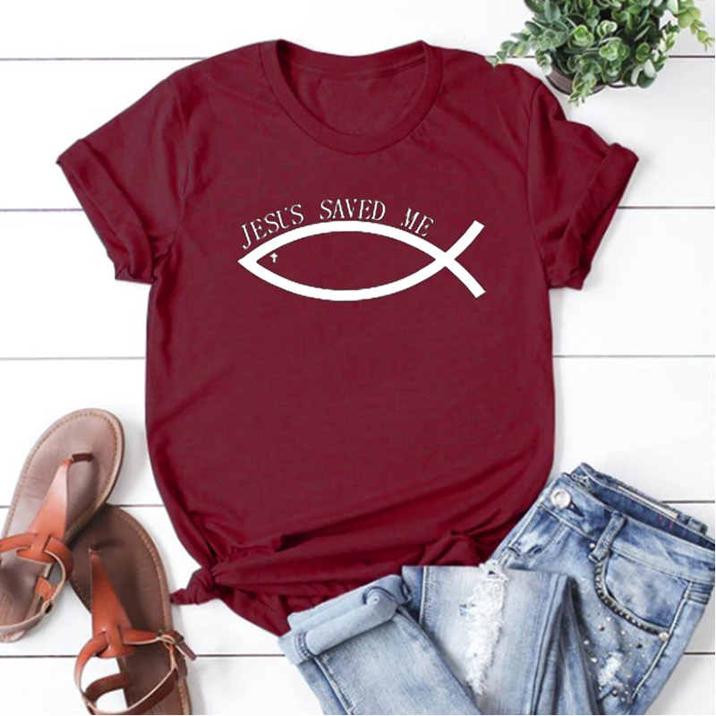 Jesus Saved Me Woman Tshirts Fish Pattern Campus Comic Design Christian Shirt Summer Classic Jesus Saved Me Aesthetic Clothes