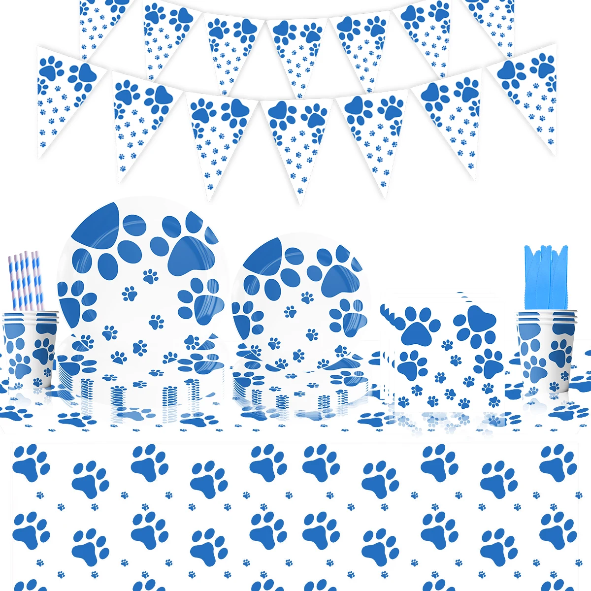 Blue Dog Claw Theme Birthday Decorations Party Disposable Tableware Paper Napkins Cups Plates Banner Tablecloths Straw