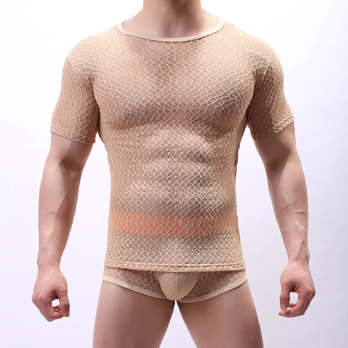 Men's Undershit Tight Fitting Personality Semi Transparent Mesh Tank Top Short Sleeved T-shirt Summer Youth Skinny Slim Fit Vest