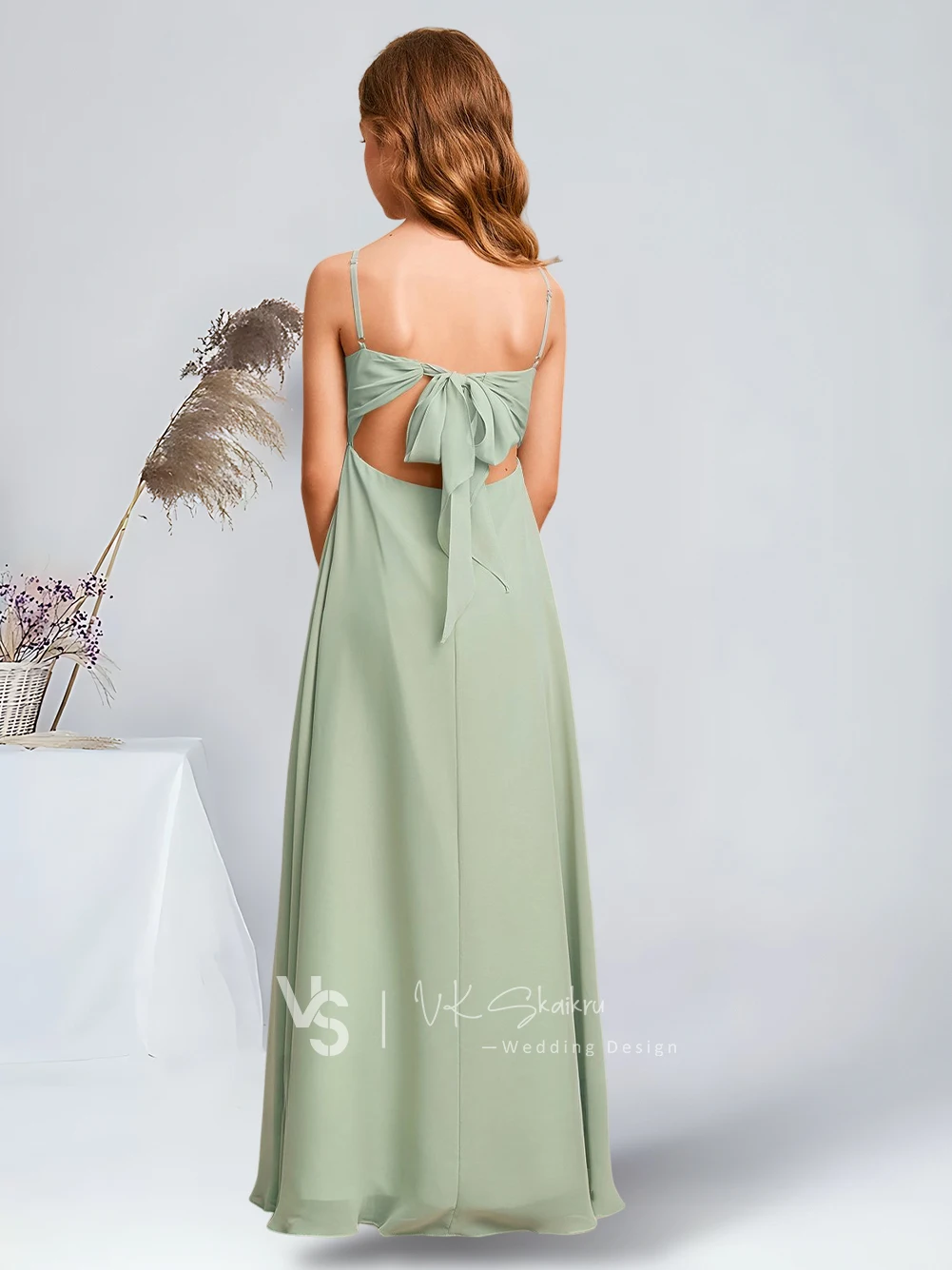 Elegante A-Line Cowl Vloerlengte Chiffon Junior Bruidsmeisje Jurken Celadon Prachtige Bloem Meisje Jurken Feest Bruiloft Kinderen Dans