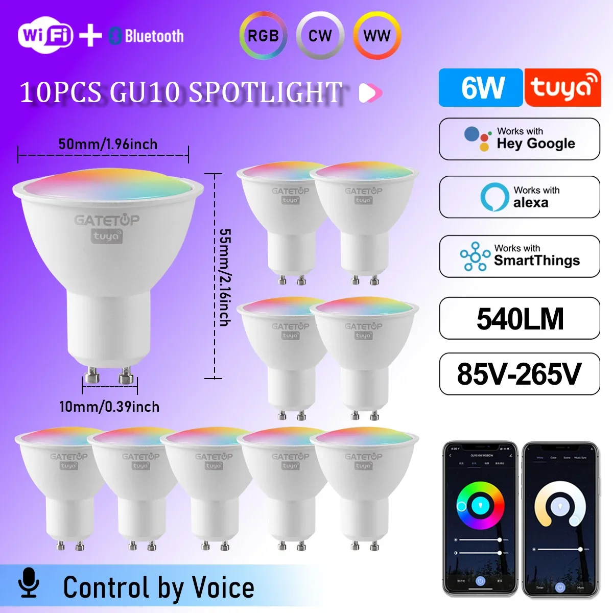 1-10PCS Tuya WiFi GU10 LED Spotlight Slimme Gloeilamp Dimbaar 1-100% Lampen Smart Life App Controle Werkt met Alexa Google
