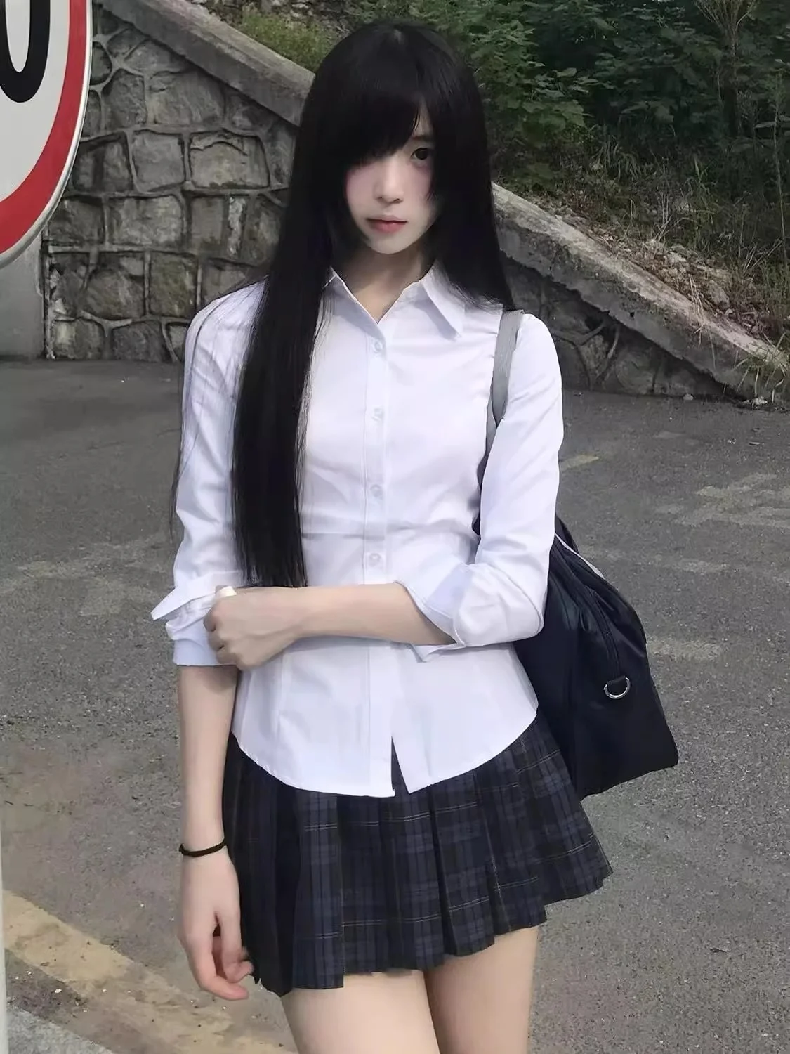 

White Slim Fit Long Sve irt Hot Girl Spring 2025 College Sle Jk orm Waist Cinched Formal Top Slimming Blouse