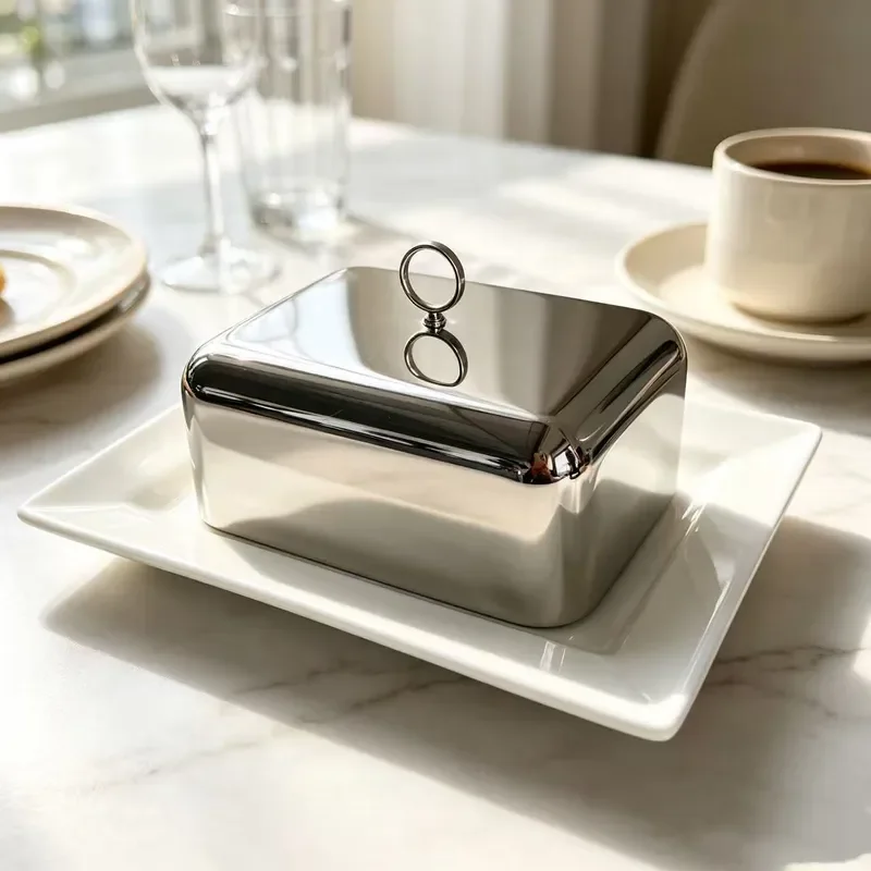 304 Stainless Steel Butter Dish with Ceramic Tray Airtight Cheese Cover for Kitchen Bread Pastry Storage Box Dim Sum Serving