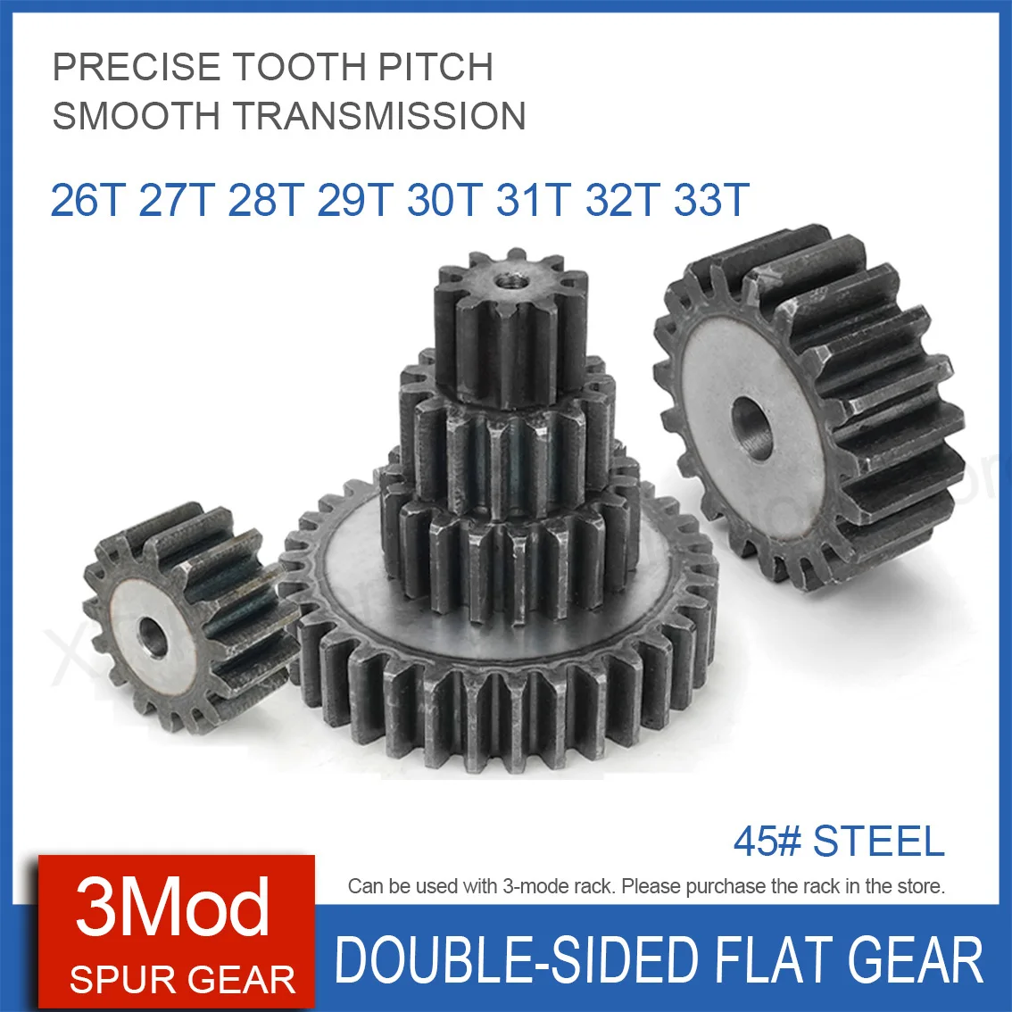 

1Pcs Quenching Double-sided Flat Gear 3Mod-26/27/28/29/30/31/32/33Teeth 45# Steel Cylindrical Spur Gear Height 30mm Pitch 9.42mm