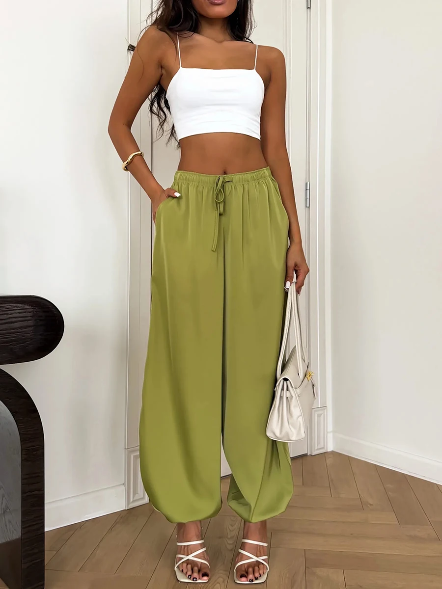 2026 Summer Women Harem Pants High Waist Drawstring Loose Wide Leg Trousers Green Casual Beach Vacation Outfit
