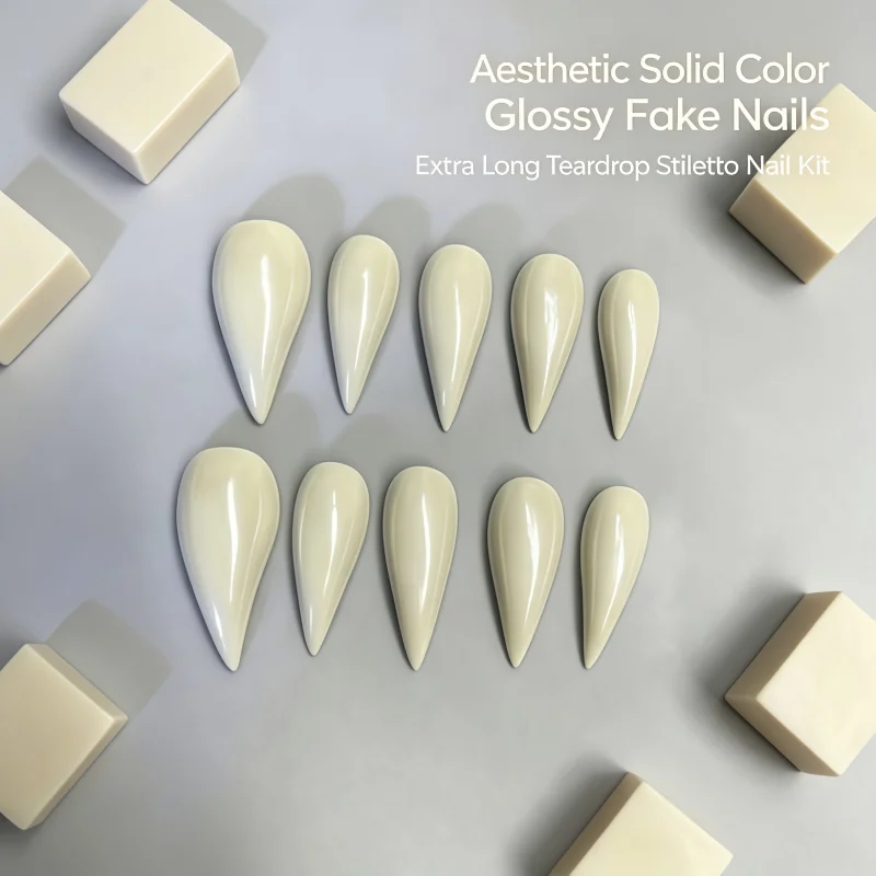2026New 10PCS of light beige nude dagger-shaped overlay nail polish glitter chrome-finished shimmering long-point fake nails