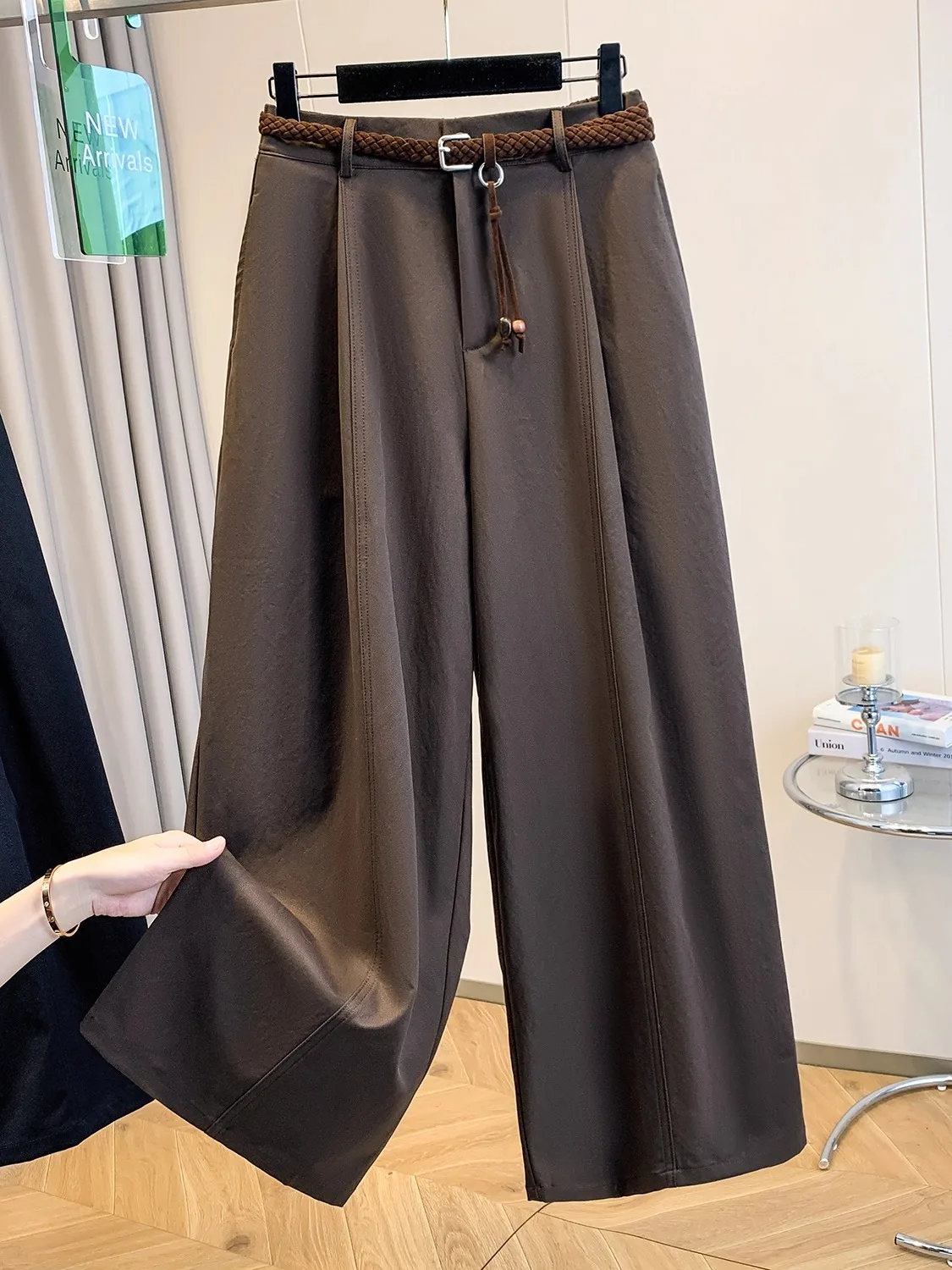 High Waist Draped Wide Leg Pants Women's Autumn Casual Straight Cut Long Trousers Coffee Color Retro Sle plus Size
