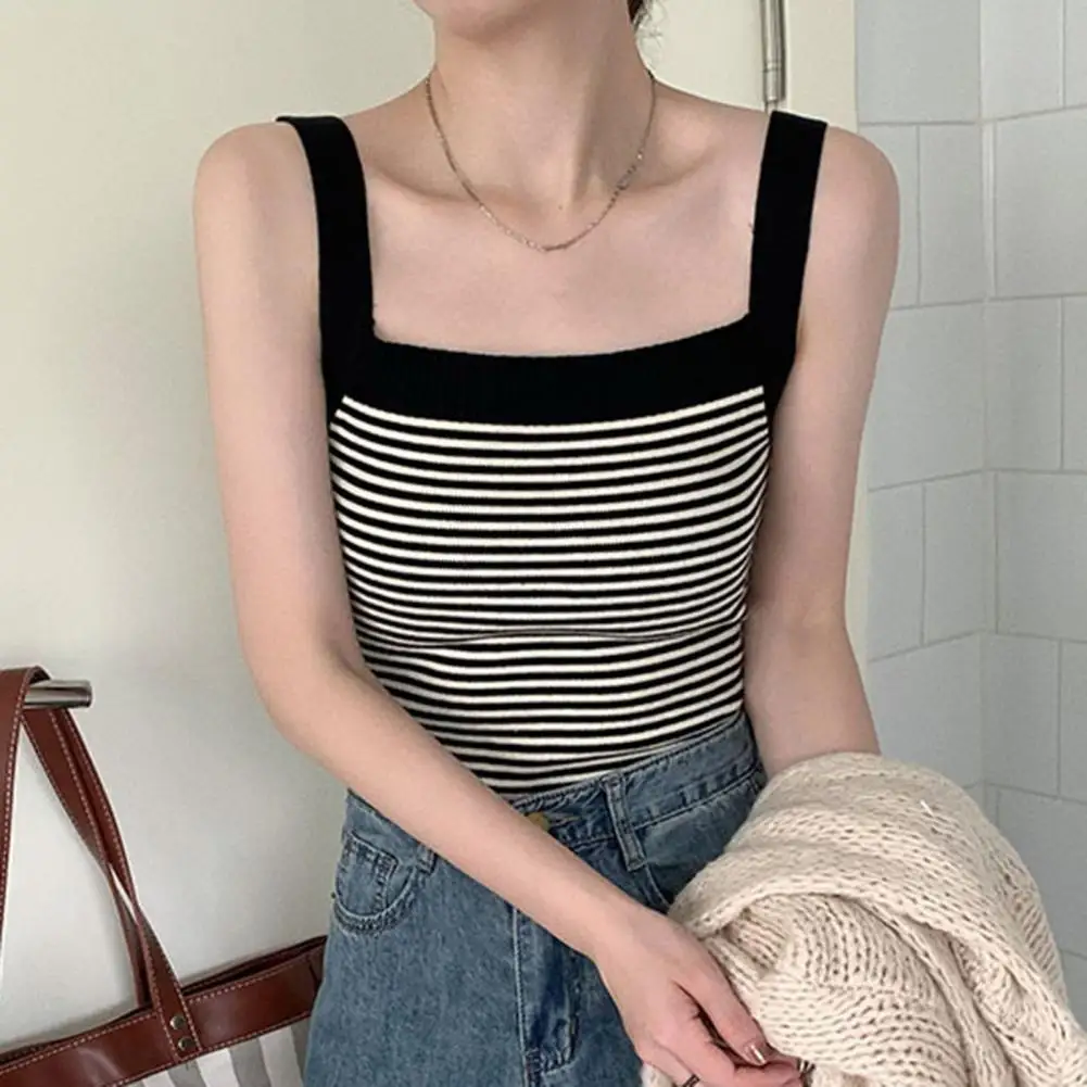 Striped Print Vest Retro Striped Print Knitting Vest Top with Square Collar Wide Shoulder Straps Camisole Clubwear for Women