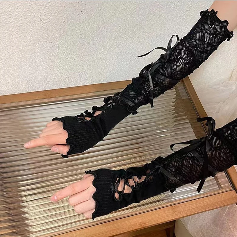 1 Pair Black Gothic DIY Strapping Sunscreen Sleeve Clothing Accessories Elastic Mesh Punk Gloves Women Lace Fingerless Gloves