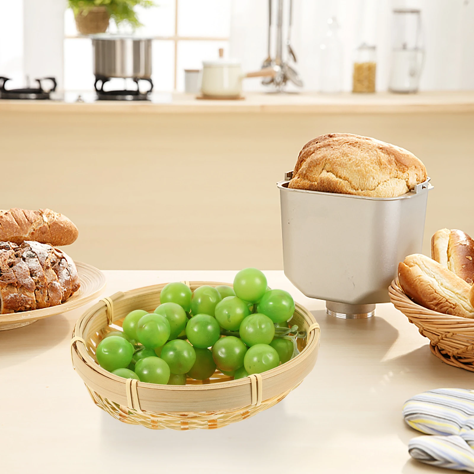 

4pcs Bamboo Woven Storage Plates Fruit Vegetable Basket For Kitchen Picnic Restaurant Home Organization Container