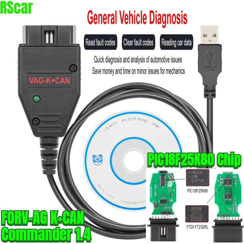 

NEW For VAG K+CAN Commander 1.4 OBD2 Auto Scanner Car Accessories with FT232RL PIC18F25K80 Cable for V-W Audi Diagnostic Tools