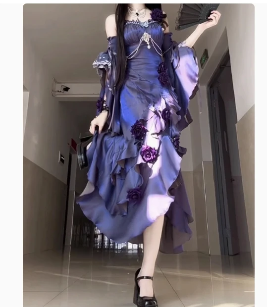 레드 로즈 로리타 슬리밍 긴 비대칭 피쉬 테일 드레스 로리타 할로윈 뮤즈 섹시한 Cos 서스펜더 드레스와 슬리브