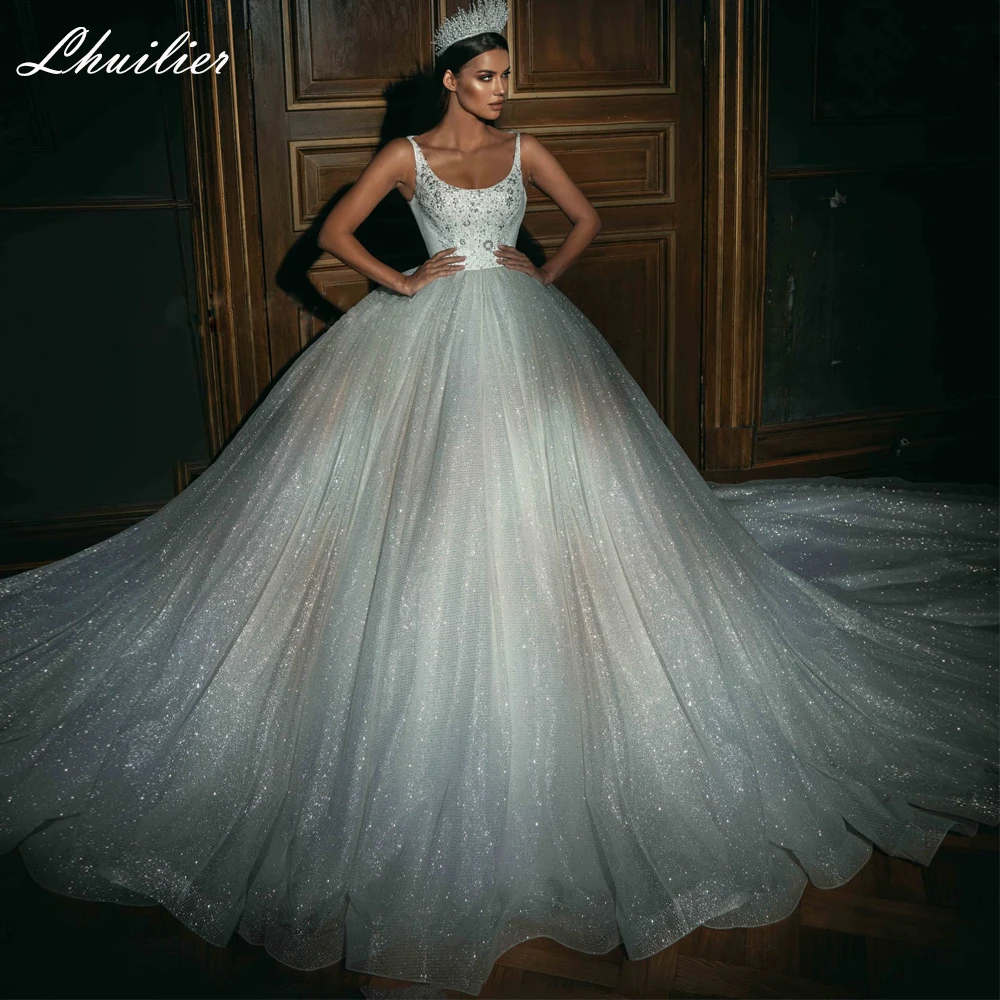 Lhuillier Square Neck Ball Gown Shiny Tulle Wedding Dresses Sleeveless Princess Beaded Bridal Dress with Chapel Train