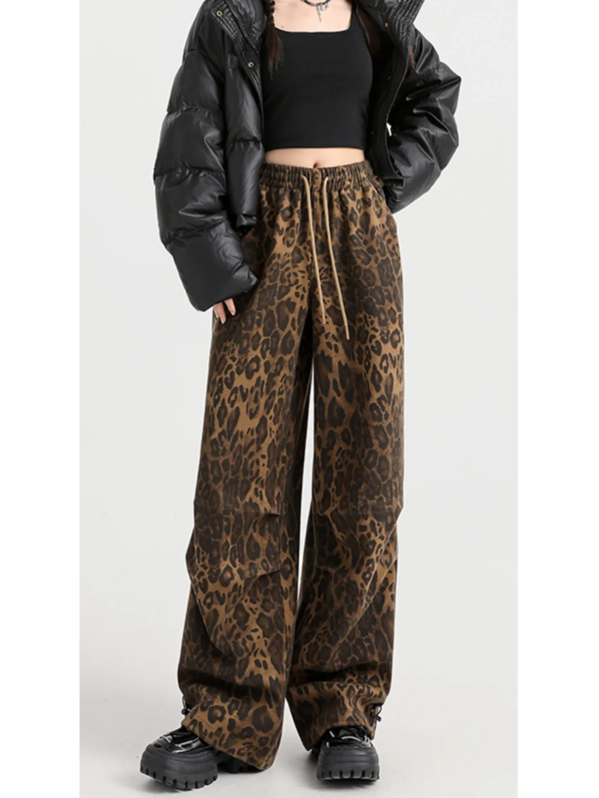 

American Retro Leopard Print Work Pants Casual Loose Straight Leg Spring Autumn Wide Leg Pants Street Sle Women's Jeans