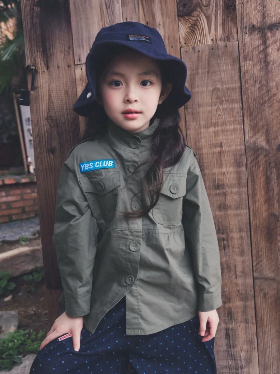 Outdoor Girls Workwear Shirt Loose Long Sleeve Pure Cotton Spring Autumn Stand Collar Children's Clothing FaceC Brand