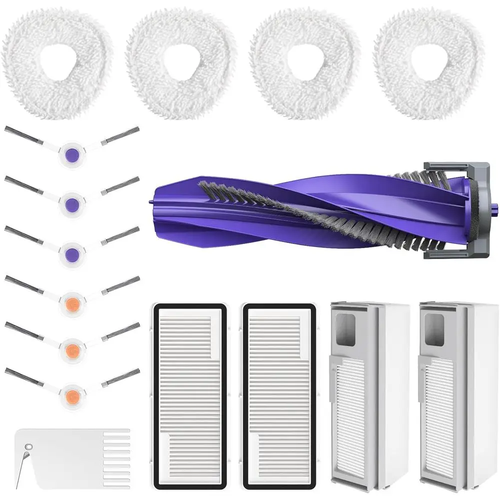 

Набор из 16 аксессуаров для пылесоса: основная щетка, 2 HEPA-фильтра, мешки для пыли, насадки для влажной уборки, боковые щетки, инструмент для чистки.