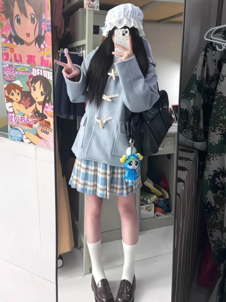 

Корейский студенческий комплект: шерстяное пальто в клетку с плиссированной юбкой, новый зимний комплект из двух предметов с длинными рукавами