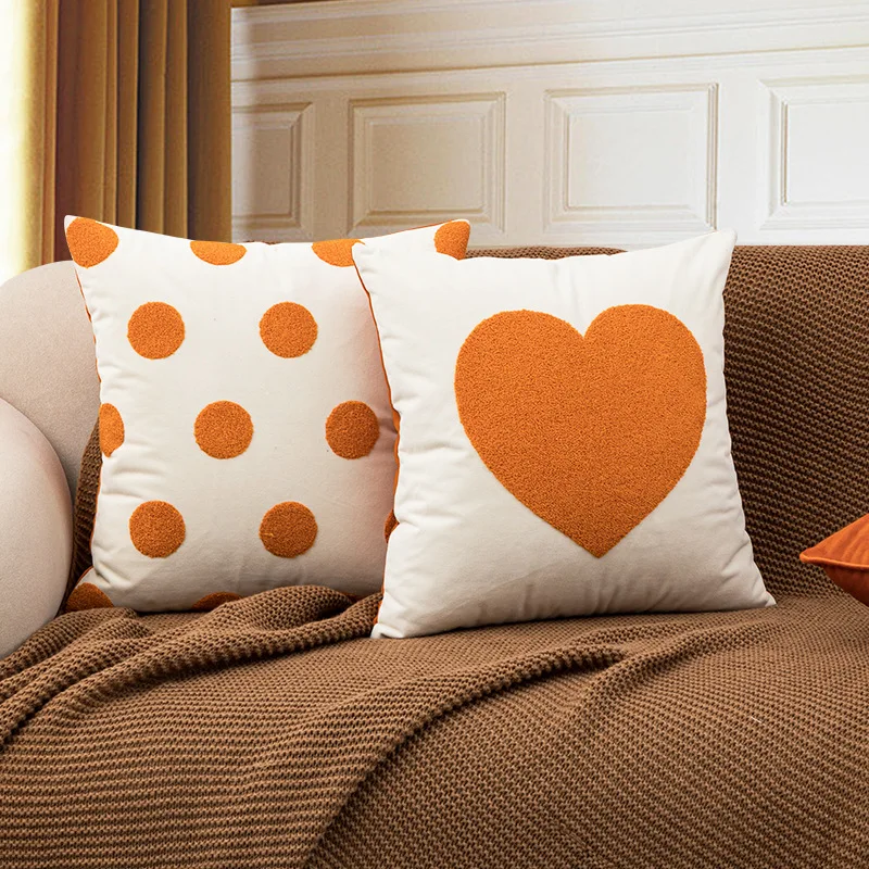 Fundas de almohada para decoración del hogar, funda de cojín bordada, toalla de tela de felpa moderna nórdica naranja, modelo de punto y corazón, 45x45cm