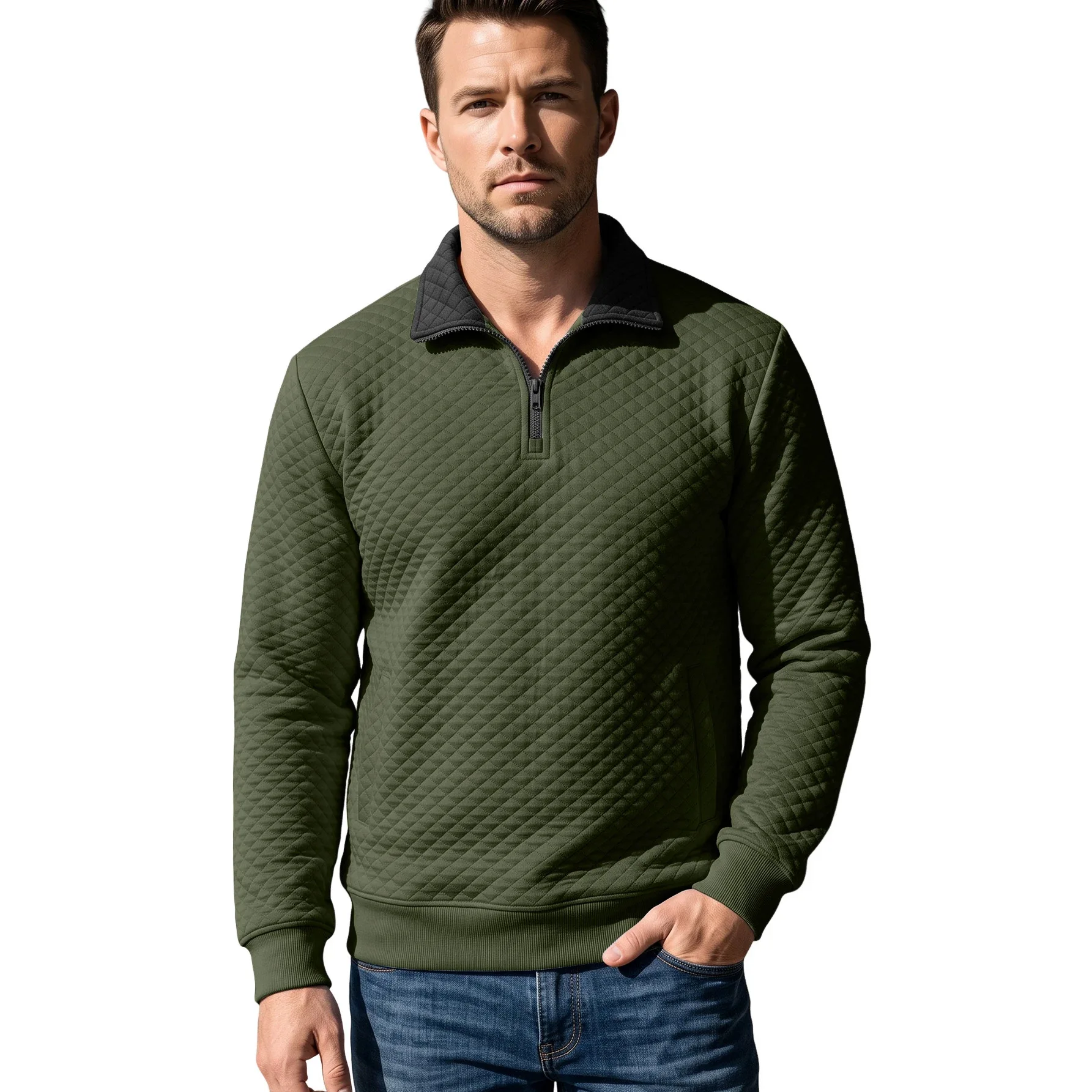 2026 New Men Rhombus Quartered Half Zip Stand Collar Sweatshirt Plus Size Color Block Spliced Long Sleeve Top Sports Pullover