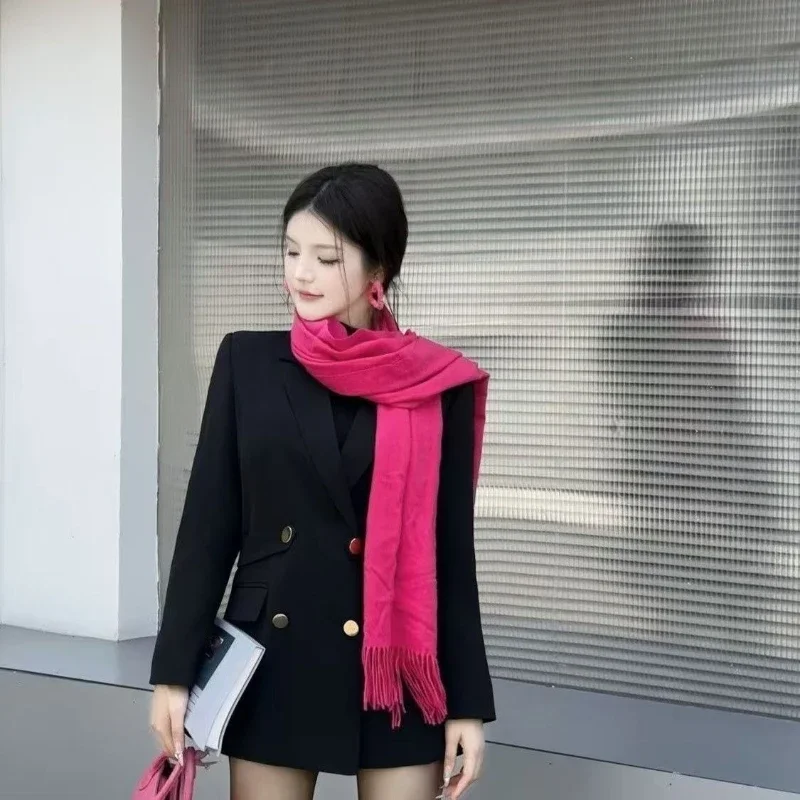 2025 New High End Fashion Black Women Double Breasted Mid Length Slim Fit Blazer Waist Hugging Korean Style Office Commute