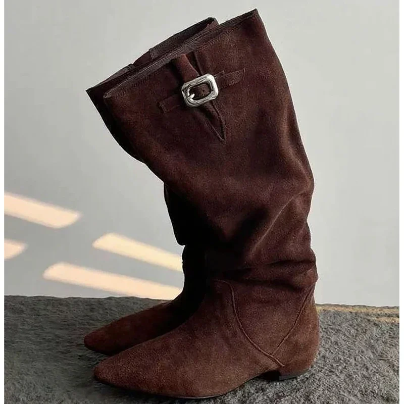 

Aneikeh punk Designer Winter Pointed Toe Women Knee-High Boots Buckle Strap Square Low Heels Shoes Ladies Party Dress Booties