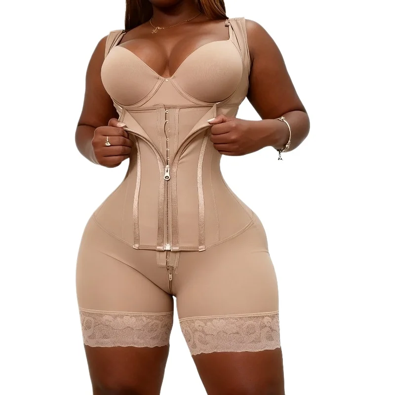 

Корректирующее белье для похудения для женщин, 9-костная поддержка спины, тренажер для талии, боди на молнии и пряжке с открытой промежностью, Fajas Shapewear
