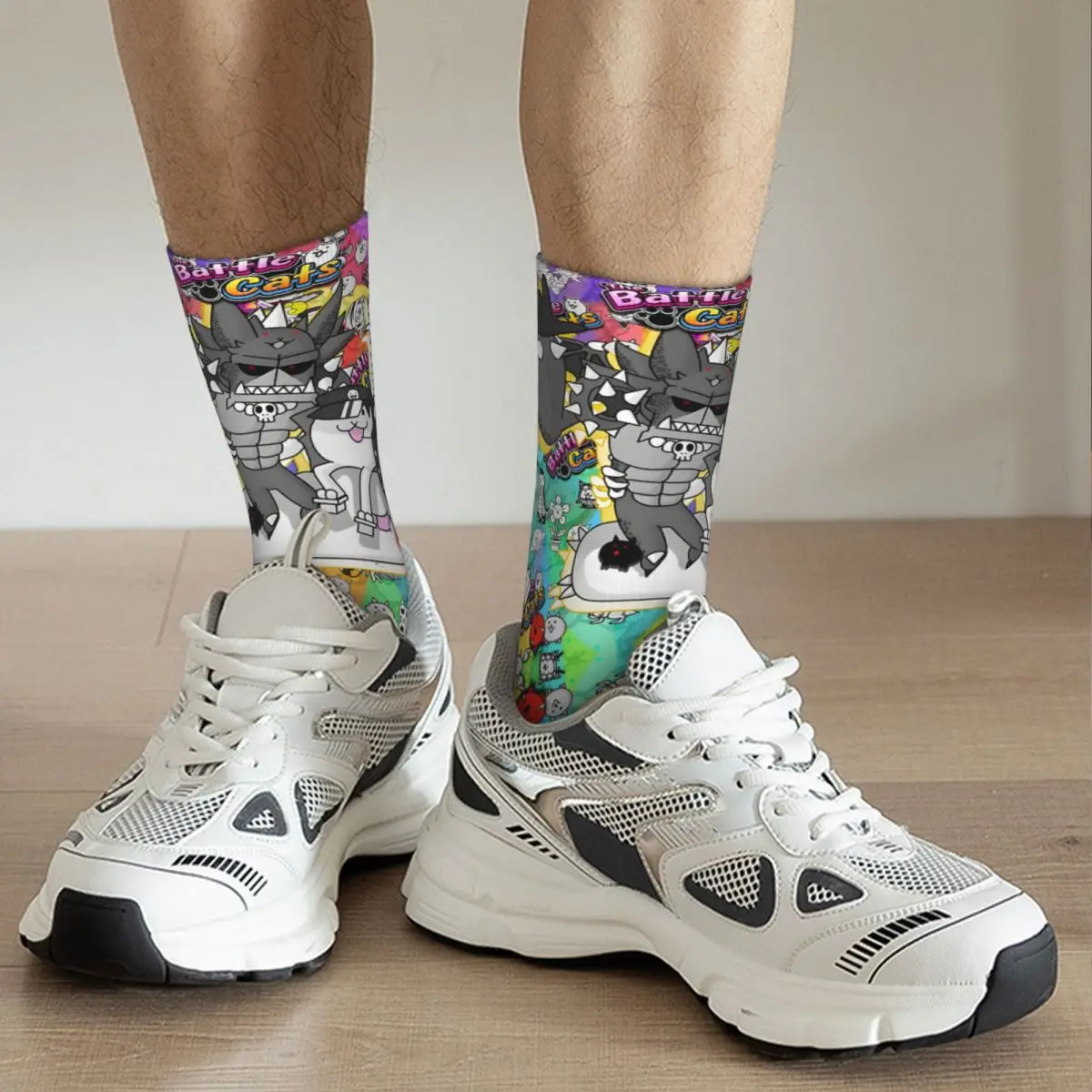 Chaussettes de compression drôles en élan pour hommes, Hip Hop, Harajuku B-Battle, chats heureux, motif sans couture imprimé, chaussettes d'équipage pour garçons