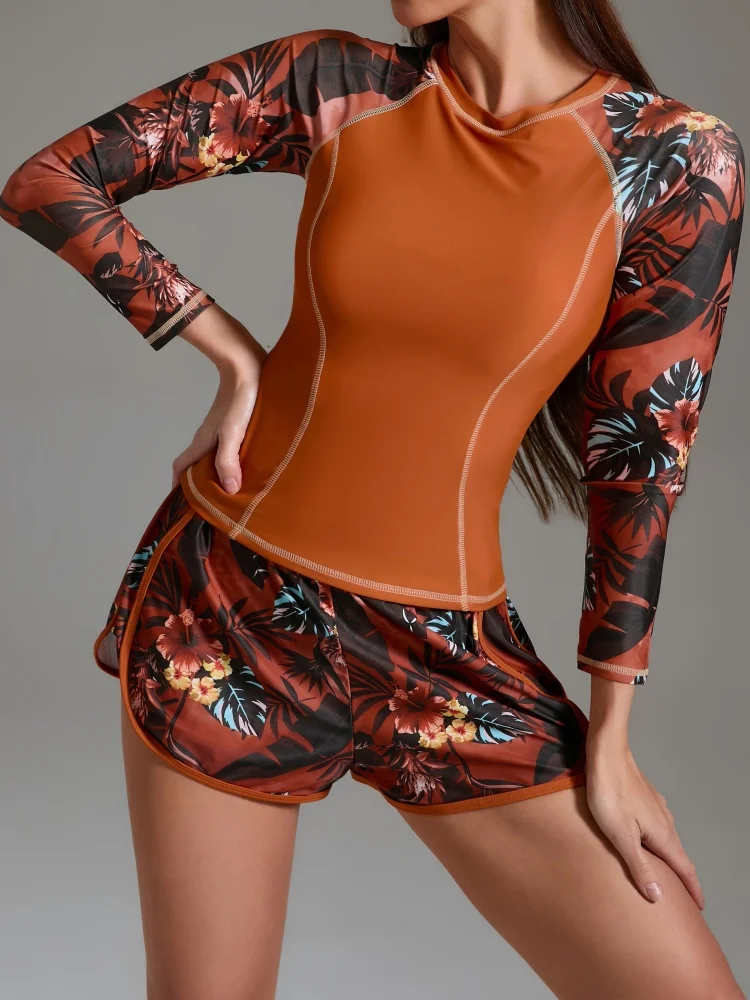 Two Piece Swimsuit Women 2026 New Print Long Sleeve Shorts Swimwear Summer Tankini Cover Belly High Waist Beachwear Bathing Suit