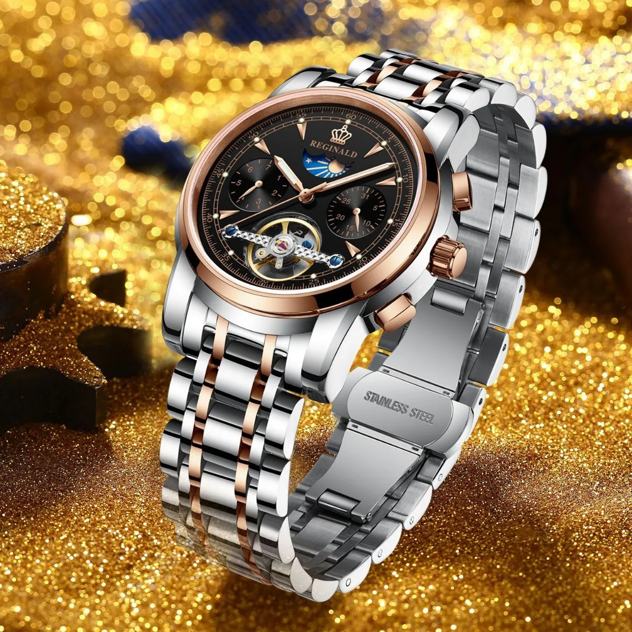 

Fashion Business Moon Phase Automatic Mechanical Watch Men's Sapphire Glass Waterproof Skeleton Dial Double Calendar Watch