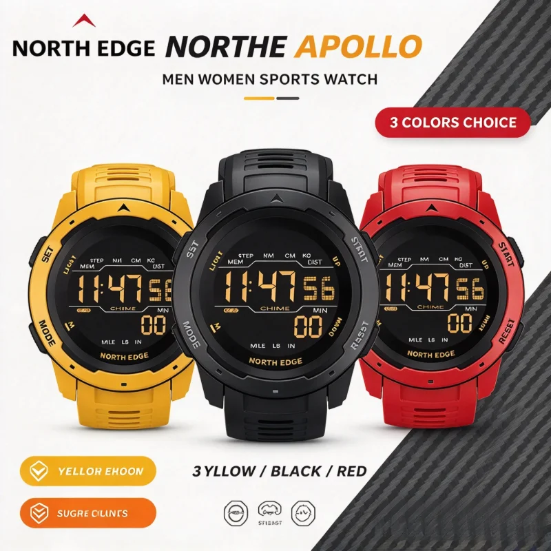 NORTH EDGE Men Digital Sports Watches Dual Time Pedometer Calories Alarm Clock Waterproof 50m Military Wristwatch Reloj Hombre