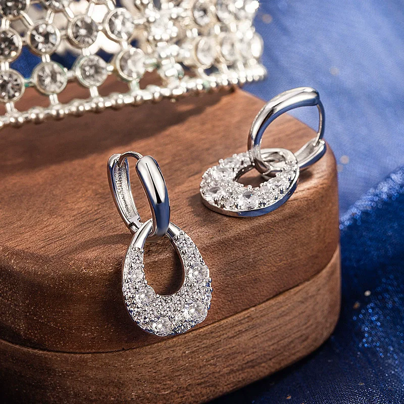 925 Sterling Silver Full-Zircon Sparkling Earrings for Women Versatile Fashionable Jewelry Accessories Gift