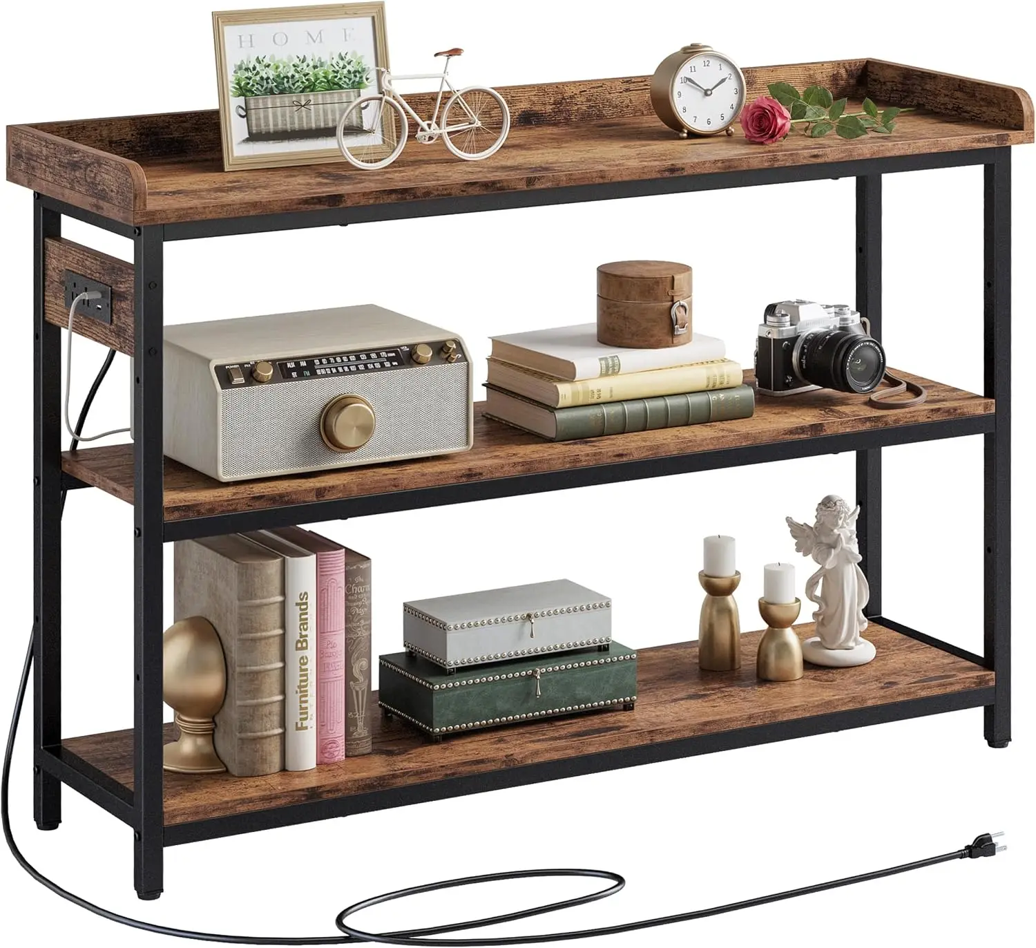 Console Table, Sofa Table with Power Outlet, Farmhouse Hallway Table for Entryway, Living Room, Height Adjustable, Easy Assembly