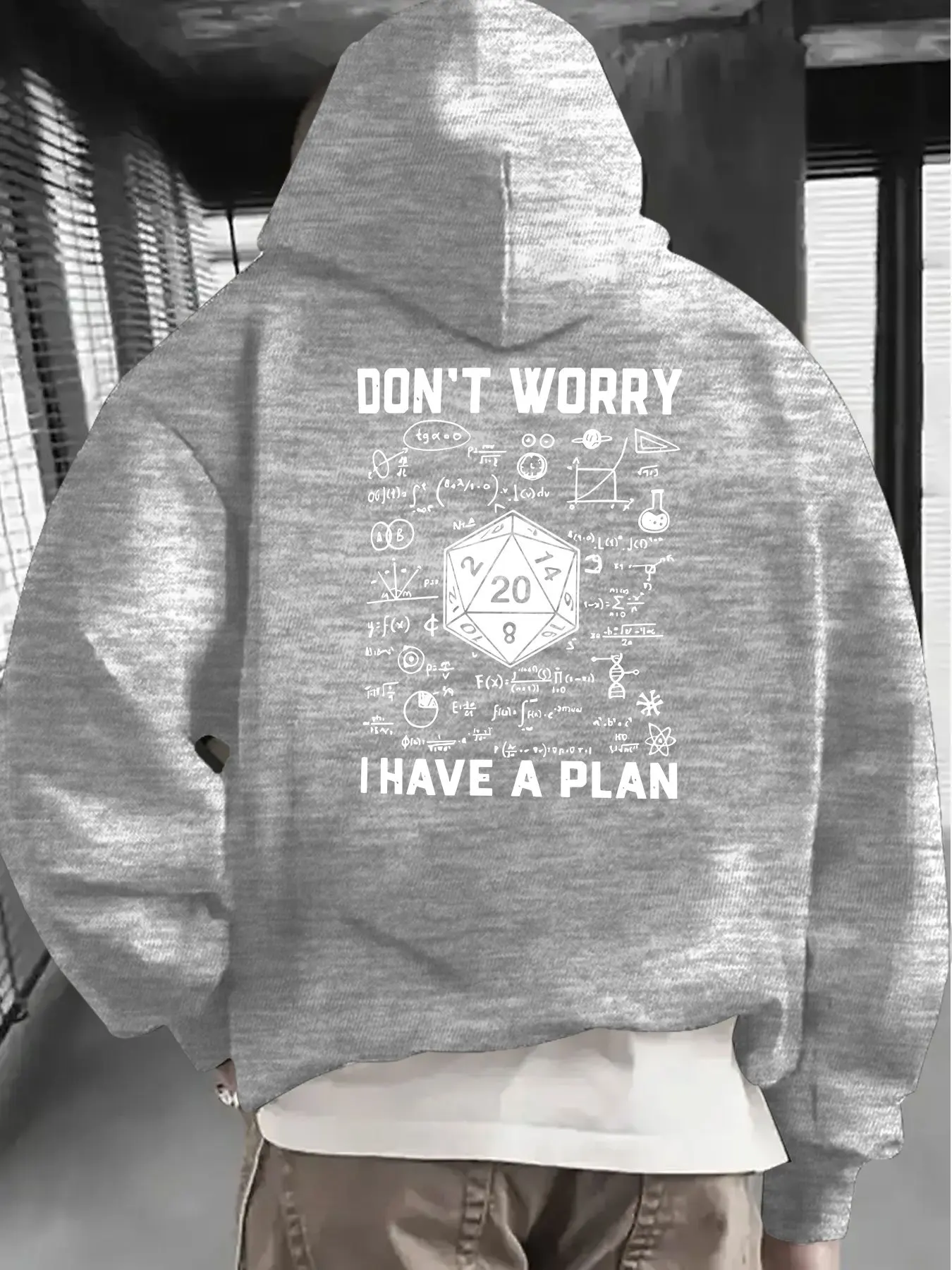 Men's comfortable hooded sweatshirt with dice math formula pattern on the surface, loose long-sleeved pullover for street wear