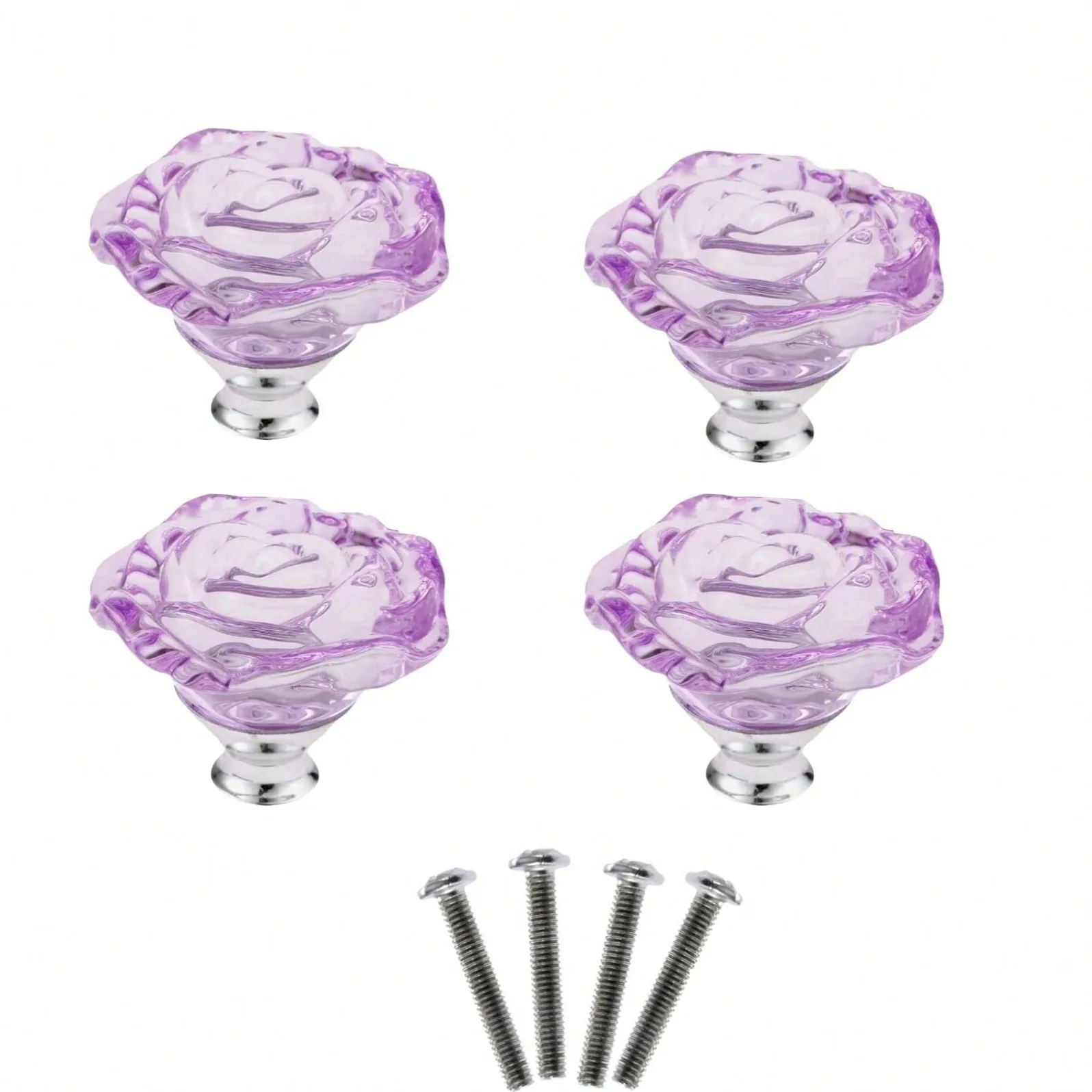 

4Pcs Purple Crystal Glass Knobs Crystal Drawer Knobs Rose Shape Dresser Handles for Furniture Home Office Decoration with Screws