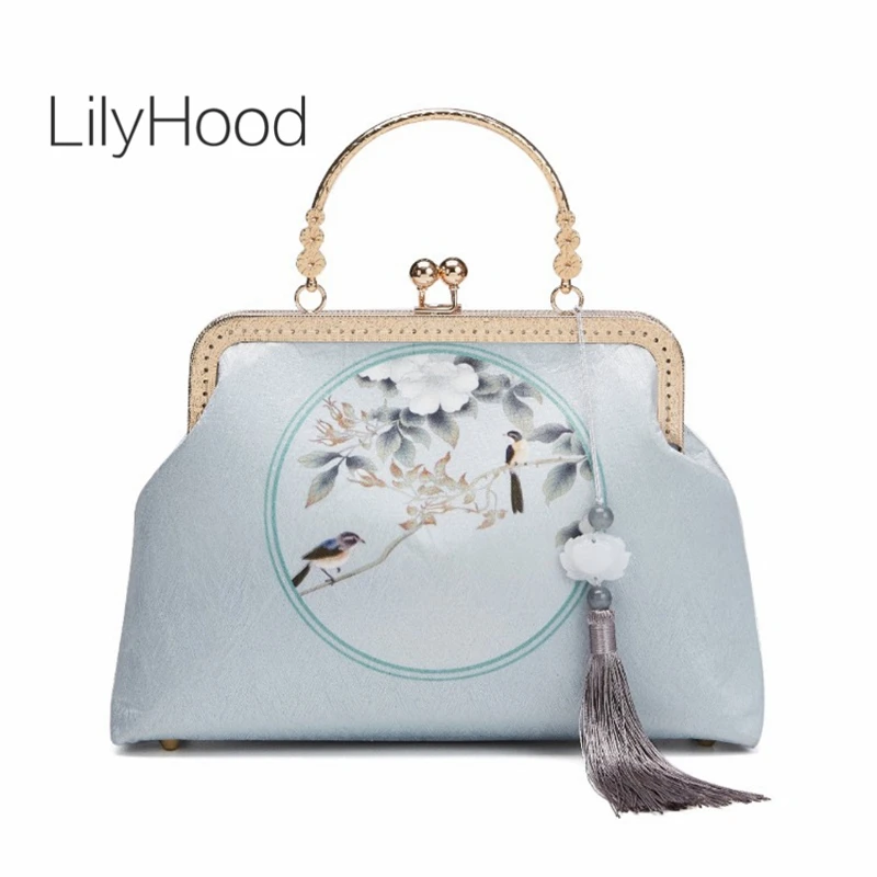 Handmade Female Vintage Retro Chic Floral Clasp Messenger Bag Women Chinese Luxury Design Fringes Chain Kiss Lock Shoulder Bag