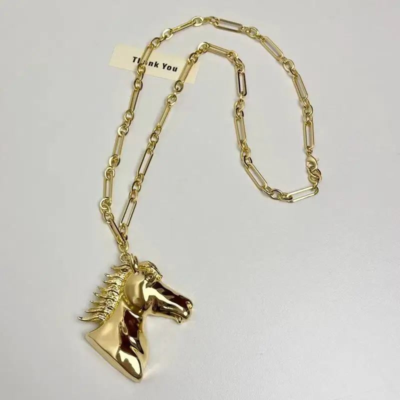 Punk Style Gold Metal Necklace for Women 3D Horse Head Pendant Long Sweater Chain Daily Party Accessory Feminine Jewelry