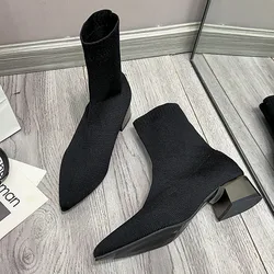 Stivaletti elasticizzati in tessuto per donna tinta unita nero tacco medio quadrato punta a punta scarpe da donna Concise Designer nuovo marchio di lusso