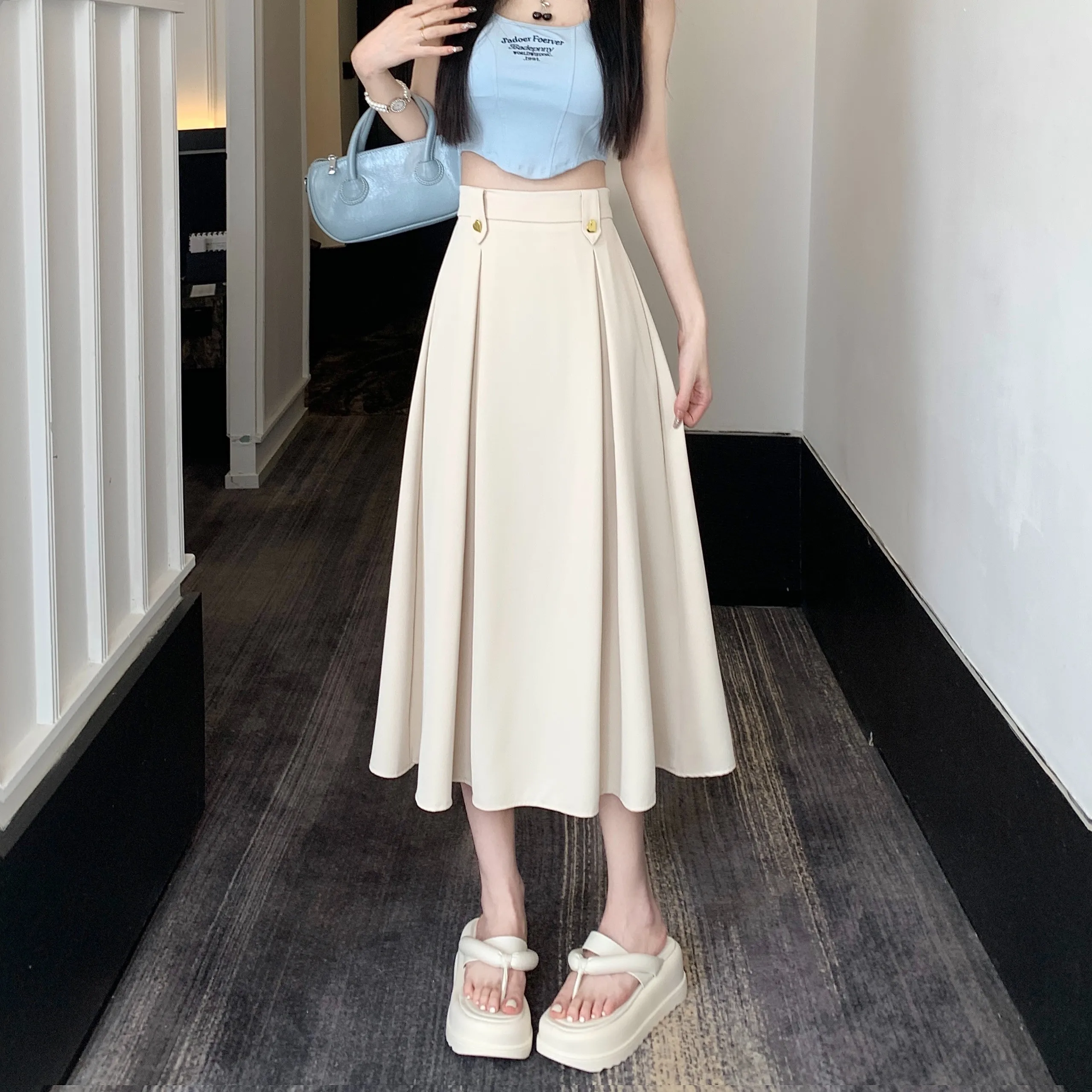 

2024 Women's Summer New Fashion High Waist Loose Skirt Female Solid Color Suit Skirts Ladies Midi Long A-line Skirts B133