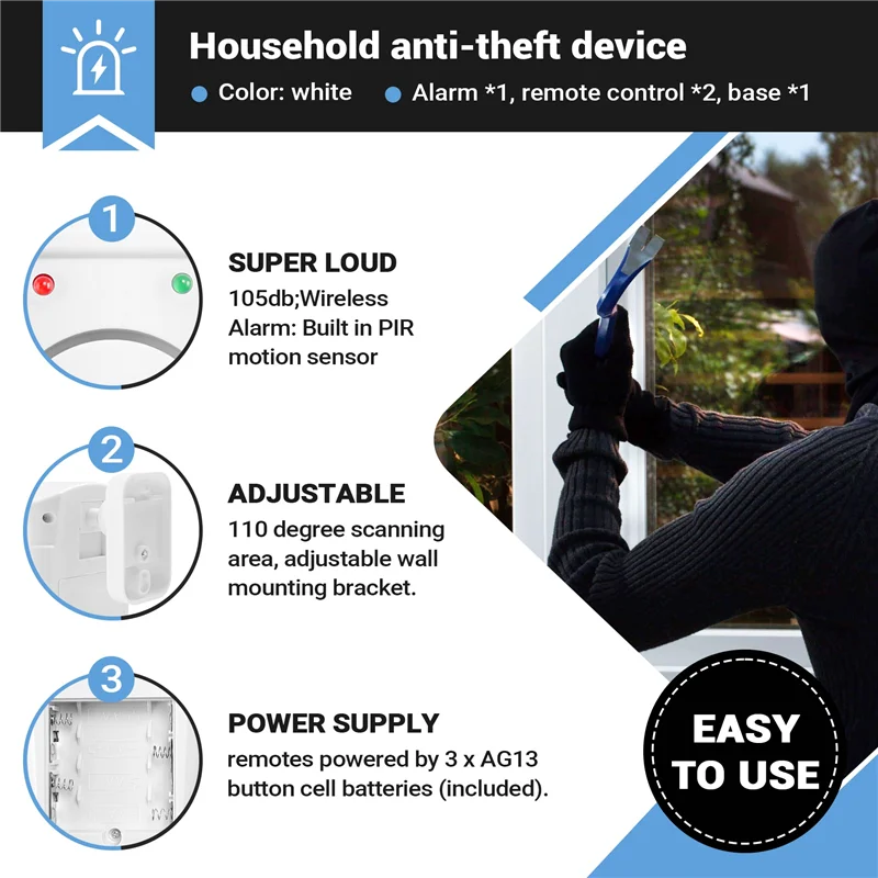 Infrared Motion Sensor Alarm - Burglar Alarm With 2 Remote Controls, Suitable For Home/Garages/Shops-T44C