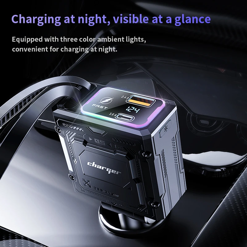 Retractable Car Charger 4 in 1 Fast Charging Foldable Car Charger 120W Cable Type-c Ports Car Charger Adapter Compatible