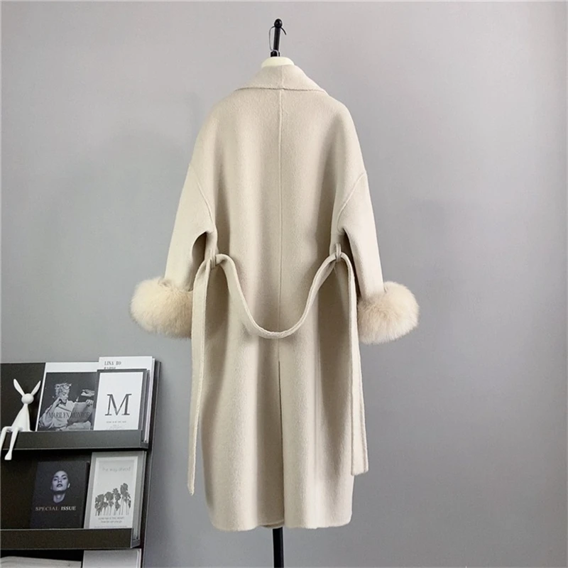 PT450 Women Girl Wool Double-faced Tweed Long Coat Lady Lace-up Fox Hair Removable Cashmere Tweed Winter Elegant Jacket