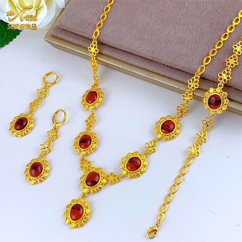 

New Arabic Cystal Pendant Necklace Earrings Bracelets Jewelry Set for Women Dubai Bridal Banquet 24k Gold Color Choker Set Gifts