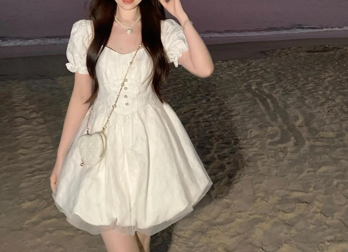 CGC Vintage Puff Sleeves White Short Dresses For Women Summer Elegant Party Dresses Korean Fashion Female Kawaii Lolita Dress
