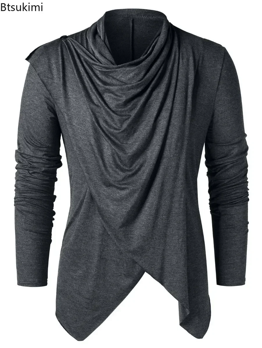 New 2025 Men's Solid Long Sleeve T-shirts Asymmetrical Overlap Design Loose Casual Cardigan Top Men Streetwear Shawl Collar Tees