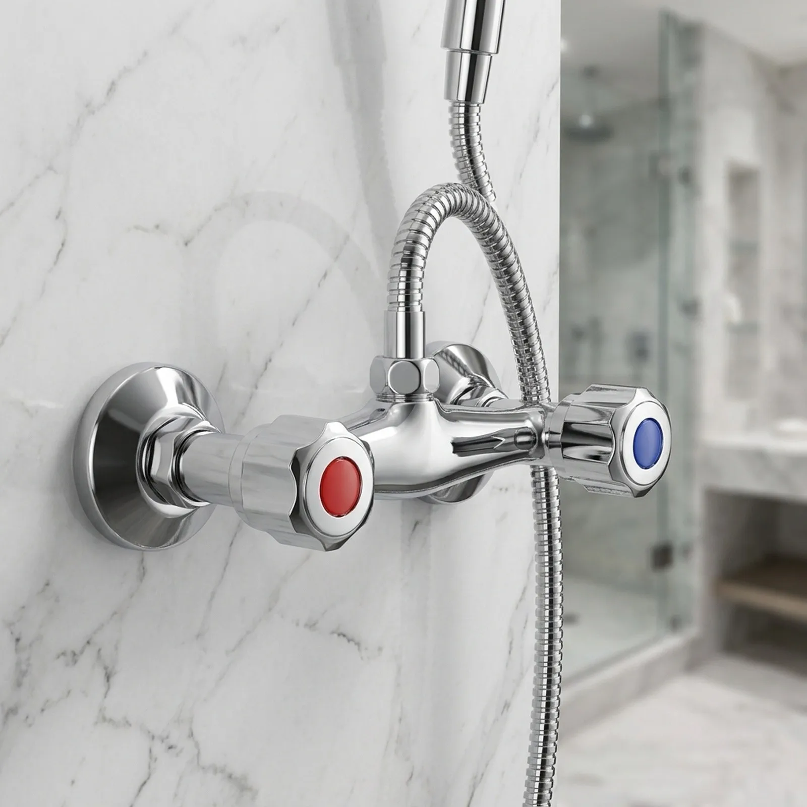 Bathroom Shower Mixer Tap with Twin Outlet Brass Valve Chrome Finish for Balanced Water Flow Control Copper Construction