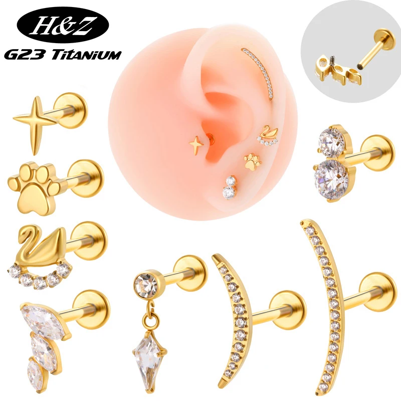 1PC G23 Titanium Piercing Labret Stud CZ Internal Thread Lip Stud Earring Helix Conch Tragus Lobe Piercing Jewelry Wholesale 16G