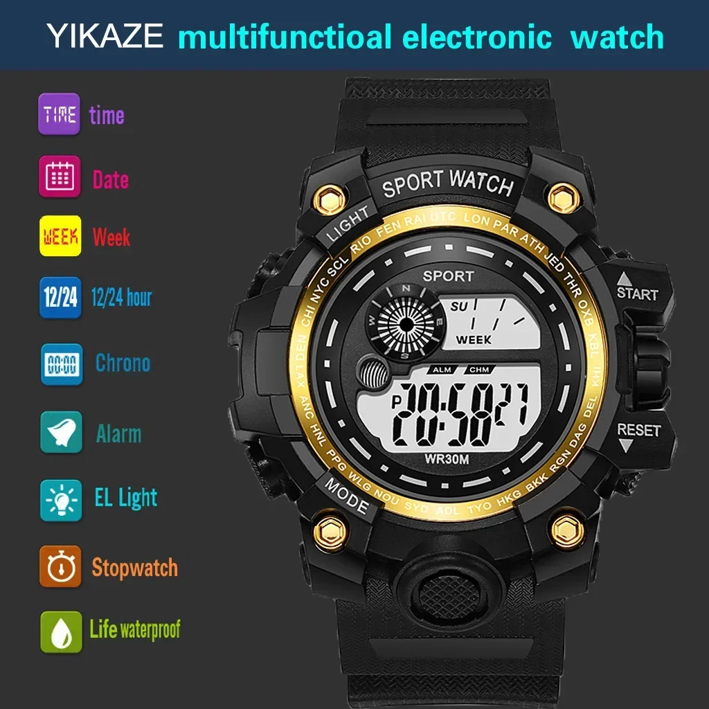 YIKAZE LED Digital Watches for Men Waterproof Men's Sports Watches Alarm Clock Stopwatch Electronic Wristwatch for Kids Student