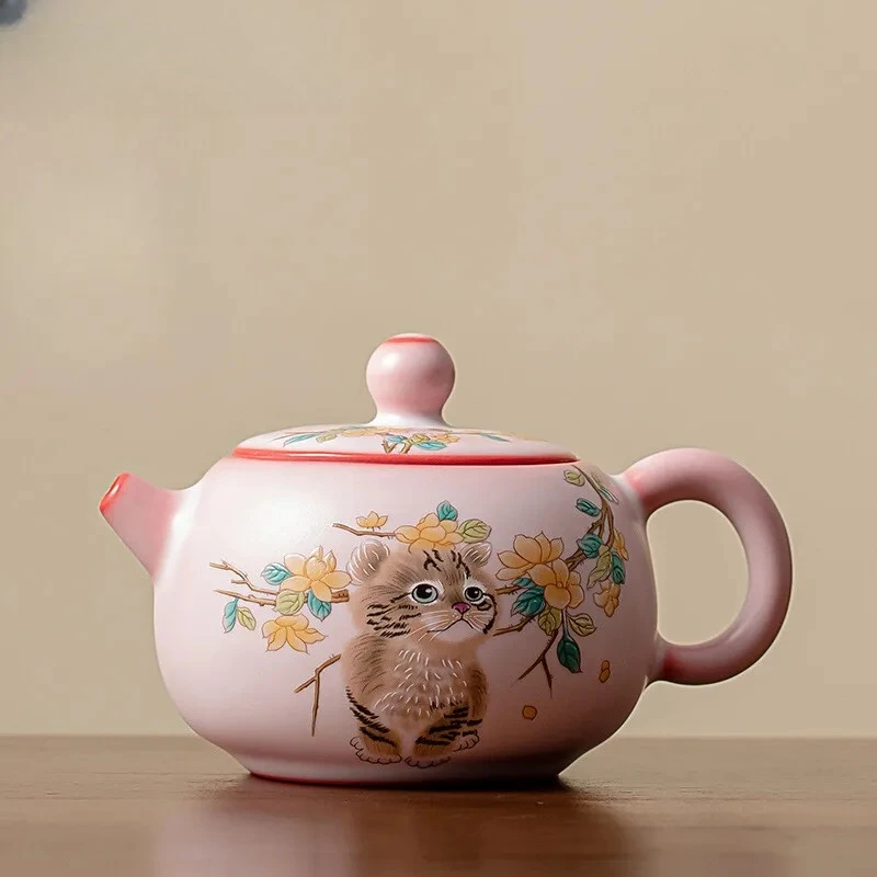 

200ml Handamde Lard Jelly Frozen Pink Teapot Yellow Flower Cat Xishi Pot Chinese Tea Brewing Kettle with Ball Hole Filter Teaset